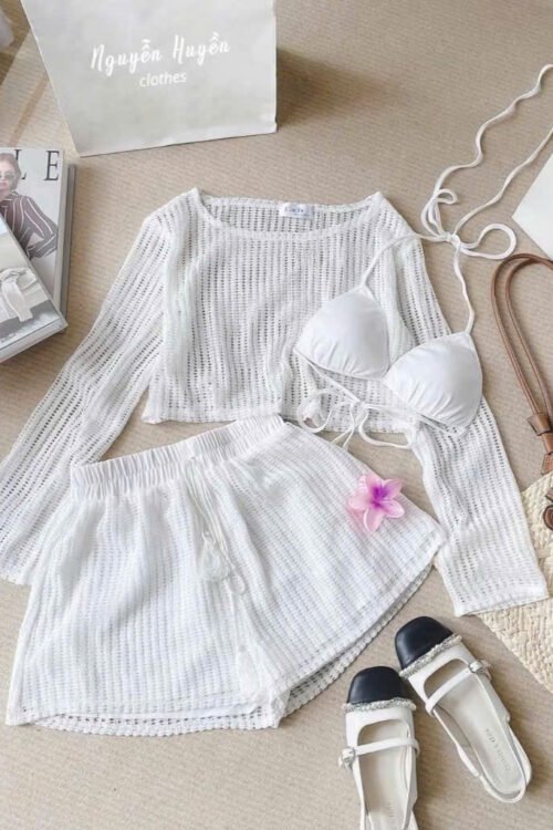 🌴 Set Đồ Đi Biển Ren Trắng 3 Món 🌸